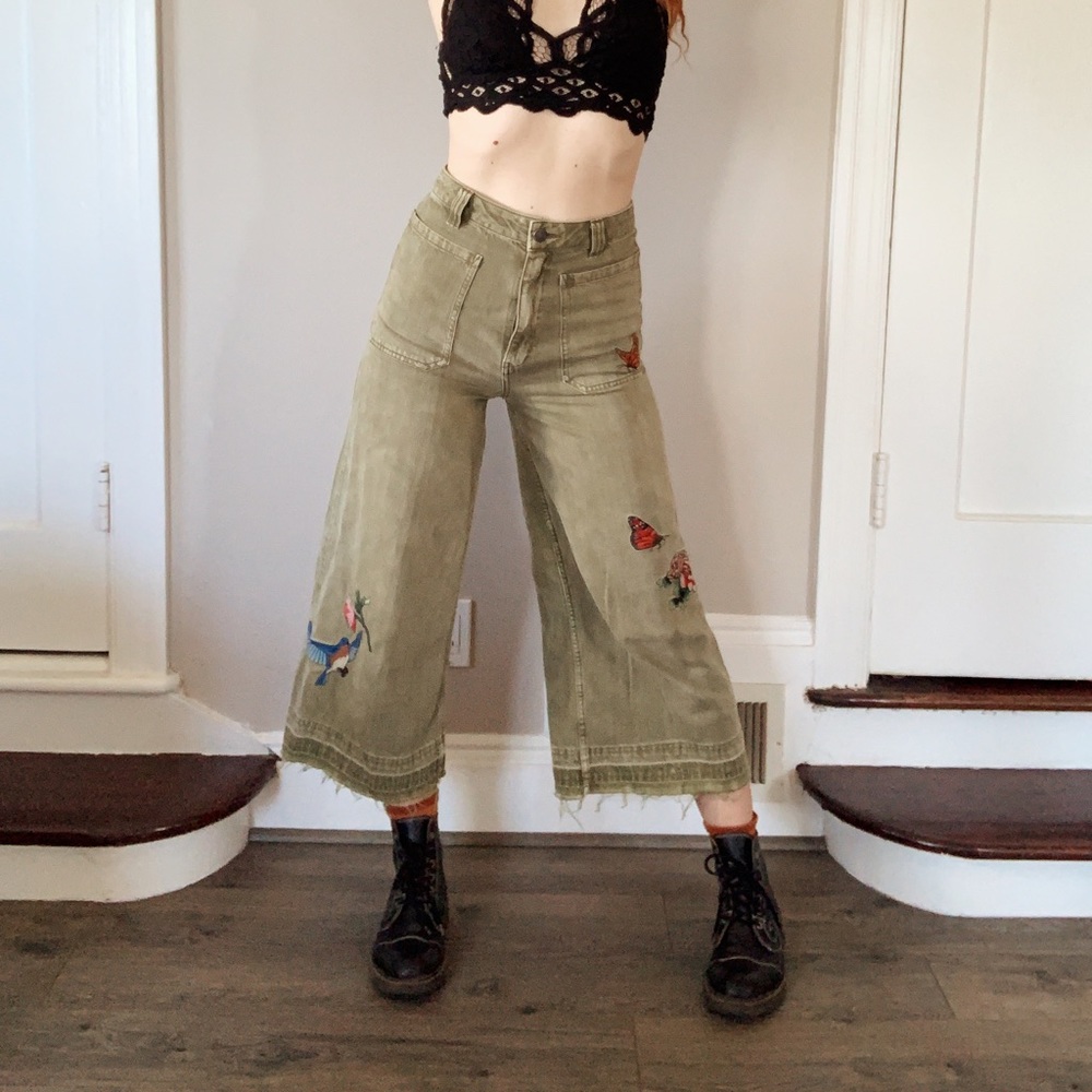 Free People Army Green Embroidered High Waisted Pants Size 25